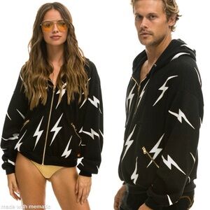 Aviator Nation Bolt Repeat Full Zip Hoodie Charcoal Black White Bolt Patches M